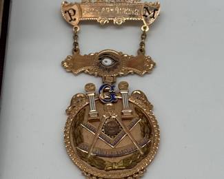 Front view of the gold-filled 1904 Muskegon Masonic Past Master badge pin featuring a compass, square, and quadrant design, in original leather presentation box.  Inscribed on the back with "Presented by Lovell Moore Lodge to Geo. H. Armstrong January 4th 1904"
