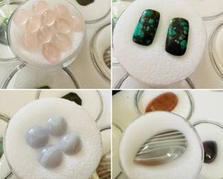 A closer look at the rose quartz polished stones lot, stabilized turquoise gemstones pair, blue lace agate loose stones set, and polished agate stone