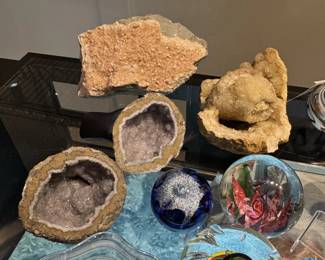 Decorative amethyst and chalcedony geode specimens, natural crystal specimens, studio art glass paperweights and ornaments