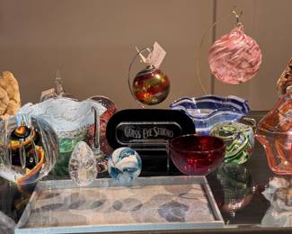 Glass Eye Studio handblown art glass ornaments, paperweights, bowls