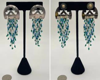 Native American inspired silver bead chandelier earrings featuring blue, turquoise, and white seed beads