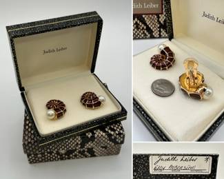 Vintage Judith Leiber faux pearl and aubergine enamel snail shell clip-on earrings in original presentation box