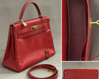 A vintage Hermès Kelly bag crafted from smooth rouge box calf leather with gold-tone hardware; authenticated by Entrupy.
