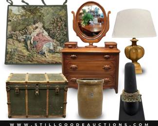 Antiques, tapestries, lighting, pottery, sterling silver, gold jewelry, and much more