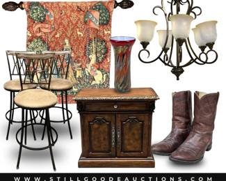 Tapestries, art glass, furniture, antiques, cowboy boots, art, musical instruments and much more