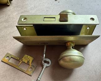 Antique Brass M.W. Co. Mortise Door Lockset, 2 Plates, 2 Keys, 1 Keeper, 1 Key
