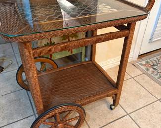 Rattan and glass tea cart 