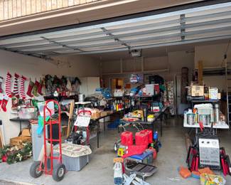Garage filled with Christmas, holiday and tools