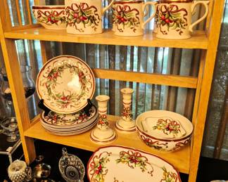 China. Tiffany and Co. "Holiday" Red Ribbon platter, candlesticks,  plates and pitchers