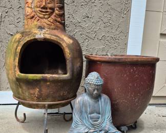 Unique yard items!! Mexican Chiminea, 2 pcs. Buddha garden statuary and large 