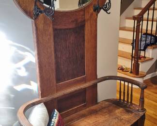 Much antique furniture. Antique tiger oak hall tree w/ lift top seat.