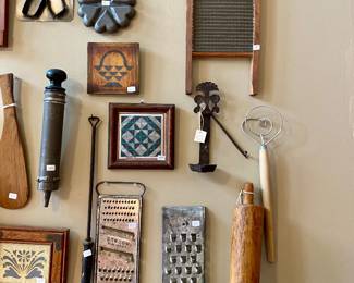 we have an entire wall of vintage kitchen tools, art and display pieces, it's really a work of art
