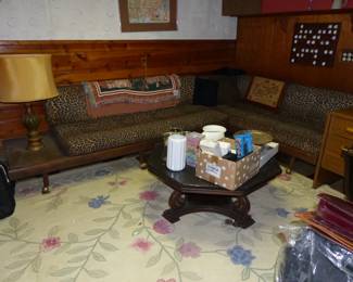 Vintage Sofa With Wood Frame & Leopard Pring Cushions, Coffee Table, Bric-A-Brac