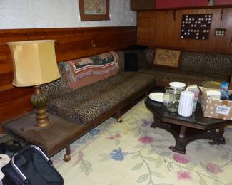 Vintage Sofa With Wood Frame & Leopard Pring Cushions, Coffee Table, Bric-A-Brac