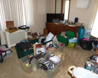 Dresser With Pair Of Mirrors, Tall Chest, Pair Of Night Tables, Christmas Decorations & Misc Items