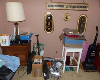 Pair Of Night Tables, Lamps, Vintage Wall Hangings, Misc Items