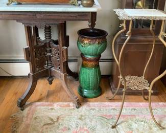 Eastlake design marble top table, Roseville jardiniere, marble top 19th century plant stand