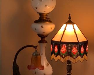 Antique kerosene hurricane lamp, reproduction beaded fringe lamp and cat themed night light