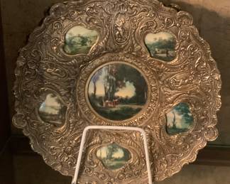 Pair of decorative plates with painted porcelain inserts