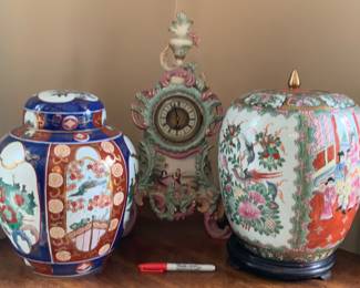 Porcelain clock and large ginger jars