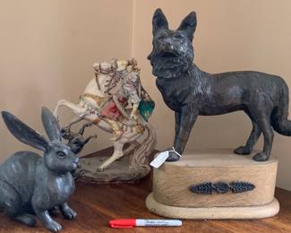 Porcelain statue and brass/pot metal figures