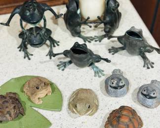 Vintage cast metal and ceramic frog figurines and sculptures