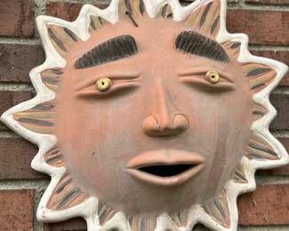  Mexican terracotta pottery sun face wall plaque or garden decor.