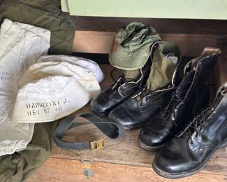 Authentic military surplus from the Vietnam War era, likely featuring Panama sole jungle boots, Dixie cups caps 