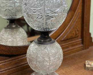 Antique American Brilliant Period cut glass banquet lamp featuring hobstar 
