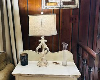 French country style, distressed cabinet, lamps, and mirror