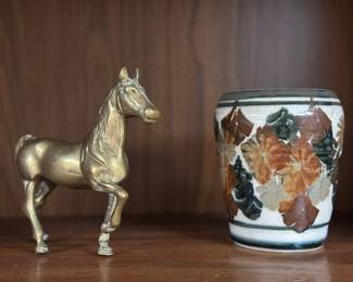 MCM vintage solid brass horse figurine, ceramic pottery vase 