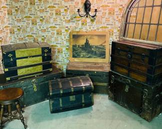 Antique steamer trunks, vintage naval scene print , arched top window 