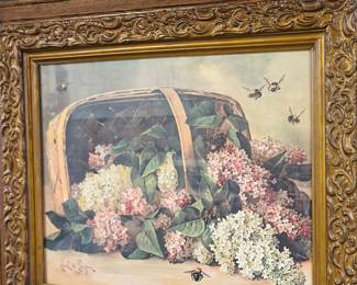 This is a vintage 1899 chromolithograph print titled "Basket of Lilacs with Bees" by artist Paul de Longpré