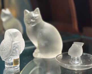  Lalique frosted crystal sitting cat figurine,  "Chat Assis",  Lalique "Chouette" frosted crystal owl