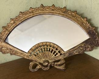Vintage Ornate Brass Fan Mirror / Vanity Tabletop Decor / Hollywood Regency / Victorian Style