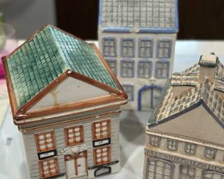 Vintage Dansk Portugal ceramic lidded canisters designed to resemble Dutch canal houses.
