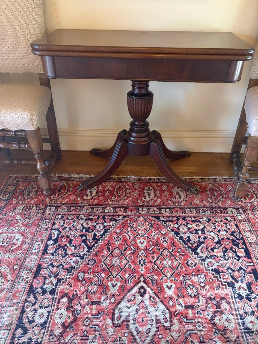 $450 Antique Regency style flip -top console game table. 36 inches wide by 18 inches deep by 29 inches high.  36"sq. when open.