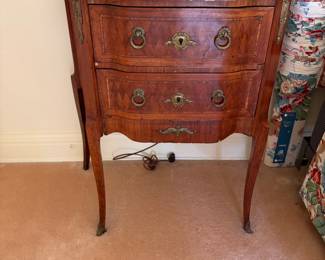 One of a pair of Antique marble top bedside tables. 27 inches wide by 15 inches deep by 29 inches high