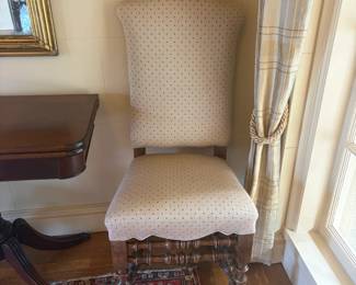 $480. Pair of antique possibly Louis XIII chairs with beautiful upholstery. 20"w x 16"d x 45"h.
