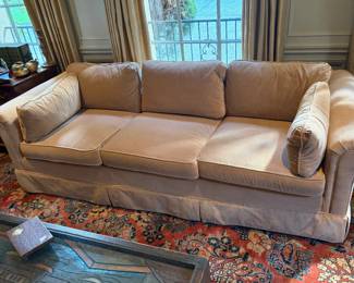 Custom three cushion sofa. 86 inches wide by 36 inches deep by 25 inches high.