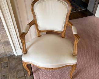 Antique wood frame upholstered side chair. 23 inches wide 18 inches deep 33 inches high.