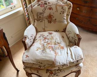 Custom upholstered down cushion, occasional chair. 26 inches wide by 22 inches deep by 34 inches high.