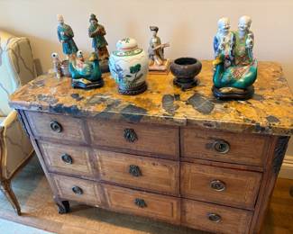 $7500. French Louis XV 18 century five drawer commode with Breccia marble top. Ormolu pulls and lock plates. 18th century. 50 inches wide by 24 inches deep by 35 inches high.