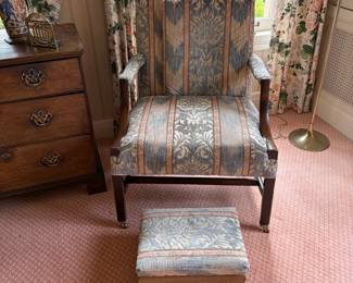 Antique library chair with upholstered footstool is 28"w x 25'd x 39"h.