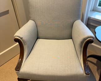 Antique wood framed upholstered chair. 25 1/2 inches wide by 22 inches deep by 36 inches high.