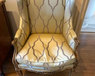 $2200. Custom upholstered pair of wing back chairs. Down cushions. 28 inches wide by 22 inches deep by 42 inches high.