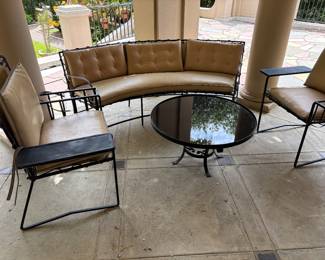 Pair of chairs with attached tables. 33 inches wide by 23 1/2 inches deep by 35 inches high.