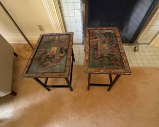 Pair of Antique Asian occasional tables. Large table measures 22 inches wide by 15 inches deep by 19 inches high. Smaller table measures 22 inches wide by 13 inches deep by 20.5 inches high.