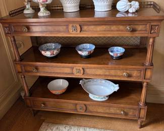 Pair of matching Karges three tier buffet servers. Louis XVI style. 46"w x 25.5"d x 39.75"h. One has a flatware drawer.