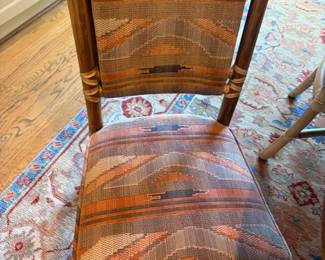 Close up of one of the side chairs. Chairs are 17 1/2. inches wide by 17 inches deep by 32 inches h.
